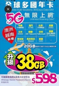 年卡-全球 13國 5G (38GB)  (中國/澳門/台灣/英國/日本/韓國/印尼/美國/新加坡/馬來西亞/泰國/澳洲/越南) + UNLIMITED DATA /無限任用 (UP TO 512kb