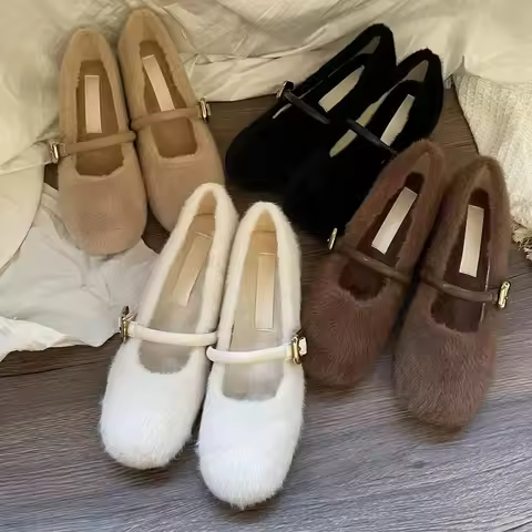 New Style Elegant Buckle Strap Fur Mary Jane Shoes Woman Cosy Soft Fluffy Ballet Flat Ladies Plush S