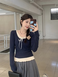 Áo Thun Nữ Tay Dài Cổ Bồng Ren Viền Thắt Nơ NASA Sweet Spicy Girl Áo Thun Nữ Xuân Áo Khoác Ngoài Hai