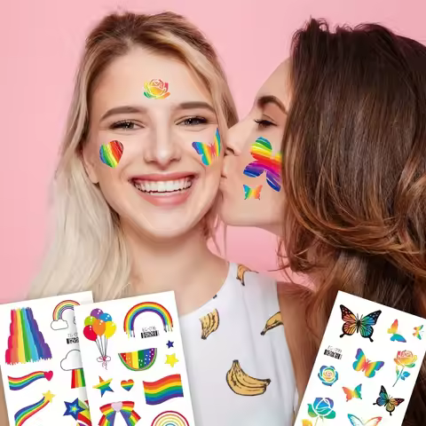 12 Sheets Glitter Rainbow Temporary Tattoo Stickers Pride Day Face Makeup Waterproof Flash Powder Fa