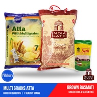 India Gate Brown Basmati Rice 5kg, Pillsbury Atta Multi Grains 5kg, Granmas Himalaya Rock Salt 500g (Healthier Choice Pack)