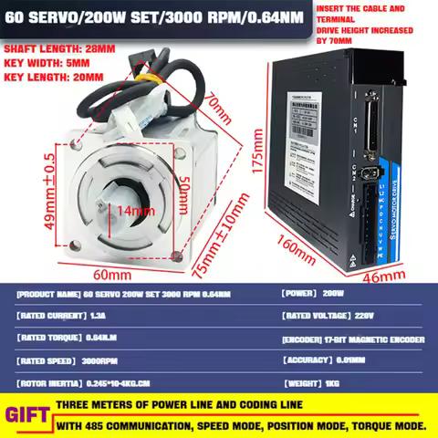 60st 200W AC Servo Motor 3000RPM 0.64N & ps100 RS485 Driver Kit 220V & 3meters Cable 17 bit Magnetic