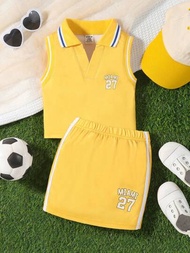 嬰兒女童無袖號碼字母印花上衣和籃球啦啦隊裙套裝