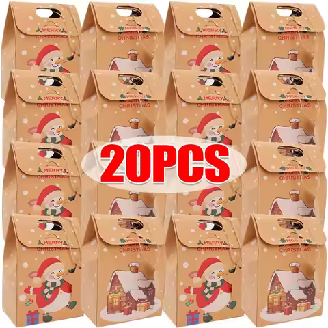 1/20Pcs Kraft Paper Packaging Box Penguin and House Pattern Merry Christmas Candy Bags New Year Part