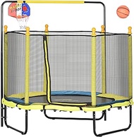 Qaba 4.6' Kids Trampoline with Basketball Hoop, Horizontal Bar, 55" Indoor Trampoline with Net, Small Springfree Trampoline Gifts for Kids Toys, Ages 1-10, Yellow