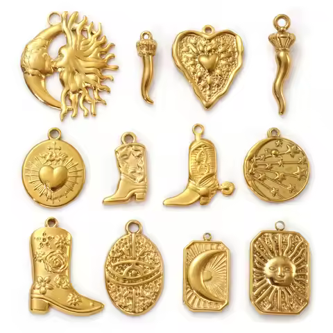 2 PCs 304 Stainless Steel Charms 18K Real Gold Plated Cowboy Boots Sun Moon Ex Voto Heart Pendants F
