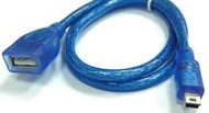 【低價】UB-406銅線+雙隔離USB2.0 A母對迷你5P公 30公分 透明藍USB高速充電傳輸線 /相機延長線