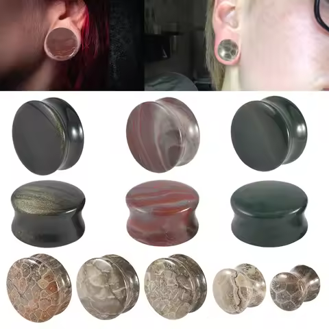 2PCS Nature Coral/Indian Snow Jade Stone Ear Tunnel&Plugs Solid Obsidian Ear Expander Double Flared