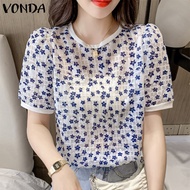 เสื้อแขนพองสั้นเสื้อยืดคอกลมพิมพ์ลายดอกไม้สวยหรูของผู้หญิง VONDA (ลำลองเกาหลี)