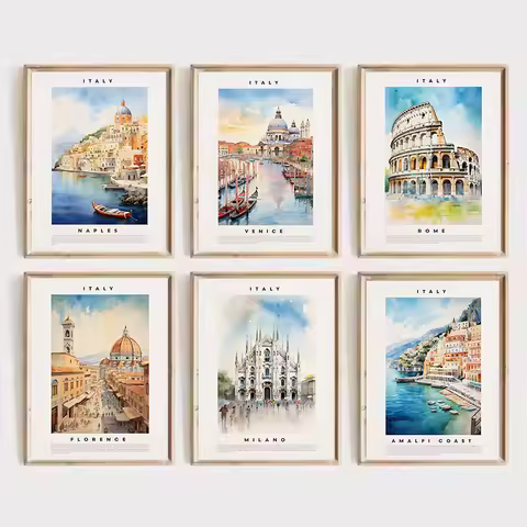 Retro Watercolor Italy Travel Coastal City Naples Amalfi Venice Landscape Poster Canvas Painting Wal