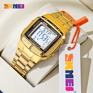 SKMEI Men Digital Watch Large Dial Glass Mirror EL Light Gold Watches Stainless Steel