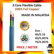 1 Meter 100% Pure Copper 3 Core Flexible Cable (Grey) / Kabel Wayar 3 Core