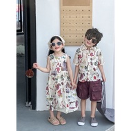 Brothers Sisters Clothes Boys Girls Graffiti Lapel Shirts Boys Short-Sleeved Shorts Set Women Dresse