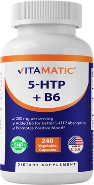 5-HTP 200mg with B6 5mg Per Serving - 240 Vegetarian Capsules (5-Hydroxytryptophan) - (Griffonia Sim