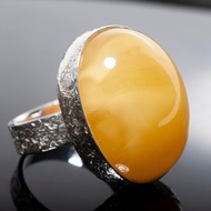 天然地壳黄色琥珀大戒指 黄色琥珀戒指 纯银戒指