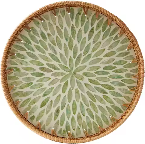 Round Rattan Tray with Mother of Pearl Inlay Rattan Serving Tray Wooden Base Storage and Display of 
