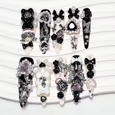 Jirai Kei Y2K Gyaru Black Pink Press On Nails Handmade Teddy Bow 3D Cross Diamonds Fake Nails Long T