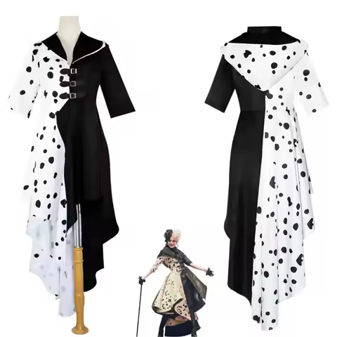 Cruella Cosplay Costume DressCloak With Gloves Woman Girls Halloween Carnival Suit Cruella De Vil Co