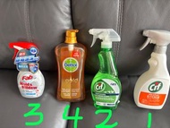 全新香港屈臣氏店購買，質量有保證：Cif品牌及快潔品牌，全能速效除油污霉污頑污清潔劑、速效除霉頑固污漬全能清潔劑、強效去污，適合浴室廁所廚房用3支，925克加重325黃金裝-滴露防菌清新香味沐浴露 1