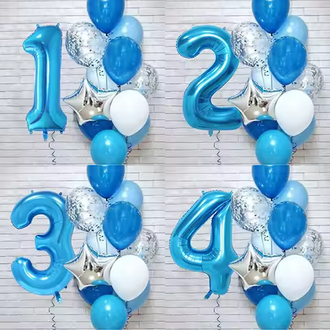 12Pcs/set Blue Number Foil Latex Balloons Birthday Party Decoration 1st One Year Birthday Decoration
