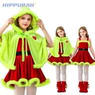 HIPPURAH Christmas Elf Costume, Girls Fancy Dress Xmas Suit Grinch Cloak Tank Dress,  Grinch Dress U