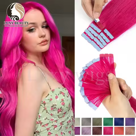 Colored Pink Mini Tape in Human Hair Extensions Invisible Seamless Tape in Hair 10pcs Pink Red Green