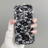 1pc Lace Crystal Mesh Cream Pattern Soft Shell Shockproof Cream Case Asymmetric Shape Phone Case Sui