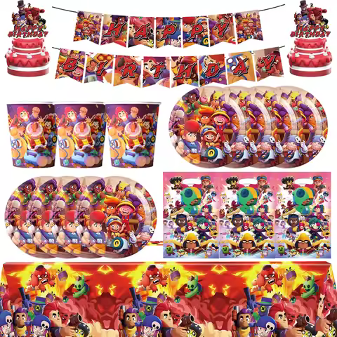 Kids Birthday Party Brawl Stars Themed Tableware Gift Bags Tablecloths Paper Cups Banners Plates Nap