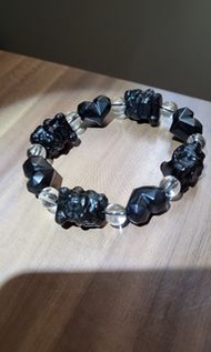 黑耀石+白水晶 心心 配 吞金獸 手串