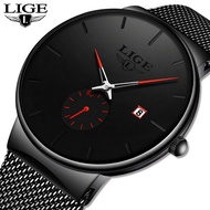 LIGE Men Watch Original Simple Fashion Stainless Steel Mesh Strap Analog Quartz Watch+Box
