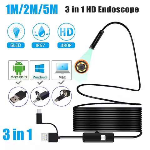 7MM Android Endoscope Camera Micro USB Type-C 3 In1 Borescope Mini Camera Waterproof LED Car Inspect