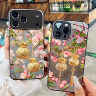 Peach Blossom Glass Case hanging with 2 bags of lucky gold fortune for iPhone 17 16 15 14 13 12 11 8