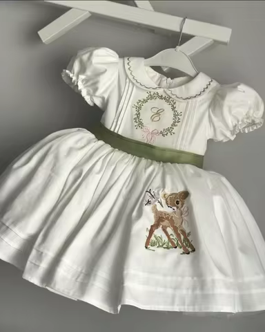 0-12Y Baby Girl Summer Deer Embroidery Turkish Vintage Lolita Princess White Dress for Birthday Holi
