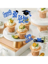 12入組2024畢業快樂杯子蛋糕裝飾，閃亮的Way To Go Congrats Class Of 2024文憑畢業帽蛋糕撥叉Did It 2024畢業派對蛋糕裝飾，黑藍色