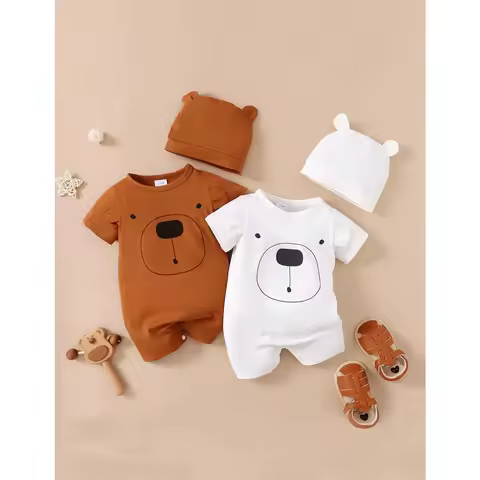 Baby Boy 0-18 Months Romper Newborn Baby Clothing Cute Bear Short Sleeves Bodysuit with Hat 2PCS Sum
