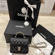 Chanel CF mini flap bag Handle香奈兒 23A黑金水鑽mini CF小號19公分，全新全配。