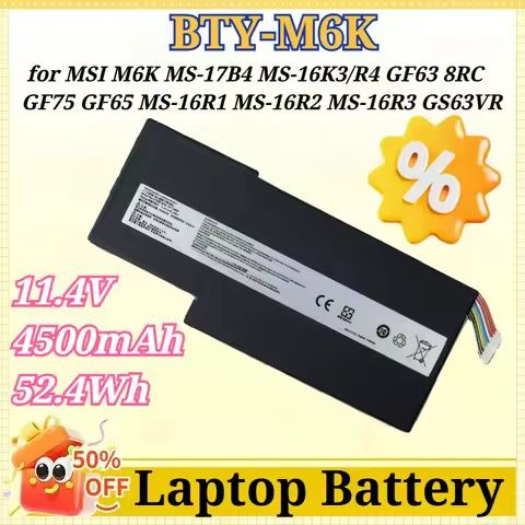 11.4V 4500mAh 52.4Wh BTY-M6K Laptop Battery for MSI M6K MS-17B4 MS-16K3/R4 GF63 8RC GF75 GF65 MS-16R