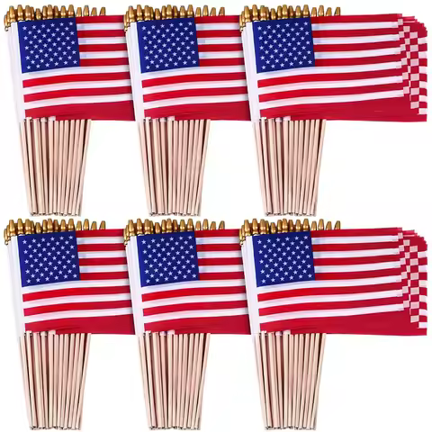 6 x 8 Inches Small Mini American Flags on Sticks Handheld US Flags with Solid Wooden Pole for 4th of