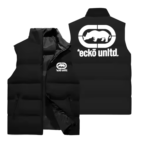 Retro Streetwear Men Sleeveless Padded Vest Ecko Unltd Rhino Print Solid Black Stand Collar Zip‑Up W