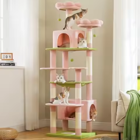 Flower Cat Tree for Large Cats 81 Inches Pink Tall Cat Tower with 2 Perches 2 Condos and Spacious Ha