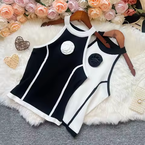 YuooMuoo Chic Fashion Knitted Tops Women Y2K Hand-making 3D Flower Slim Elastic Knitted Pullover Tan