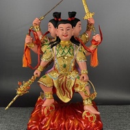 Camphor Wood Statue: Three Heads Six Arms, Marshal Zhongtan, Size 53cm, Fine Lacquer Thread, Gold Pa