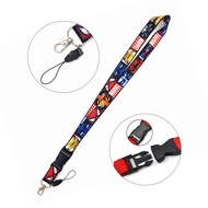 Neck strap with detachable buttons for mobile phones.