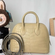 有票証🐊Hermes愛馬仕mini bolide保齡球風衣灰銀扣方塊鰐魚皮C刻 有肩帶，票證都在