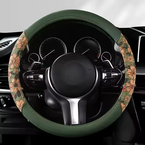Fit Cork Print Napa Steering Wheel Cover - Vintage Green Floral Print Design, Easy to Clean, Durable