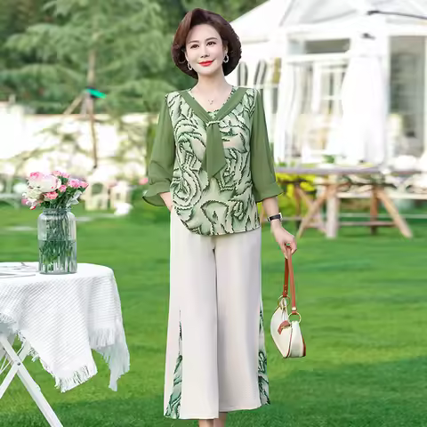 Middle-Aged Mother Summer Fashion Leisure Two-Piece Suit 40 Years Old 50 Years Old Wide Wife Simple 