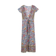 Đầm maxi Boho hoa cho nữ Đầm tay ngắn Đầm dài in cổ điển thắt lưng xẻ tà