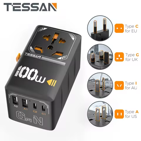 TESSAN 35W/65W/100W GaN Universal Travel Adapter with USB Ports Type C Fast Charging Power Adapter E