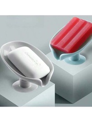 1入組葉形自撞式自排肥皂盒，帶吸盤肥皂盒架，裝飾塑料肥皂托盤，集中排水設計
