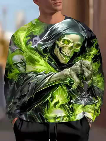 Art 3D Printed Flame Skull Pattern Man Sweater Cool Trendy Pullover Autumn Street Long Sleeve O-Neck